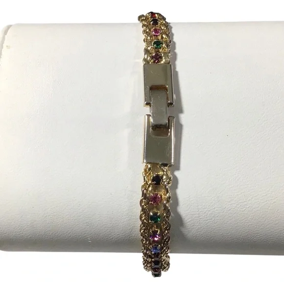 Yechang Rhinestone Bracelet Multicolor Gold Tone Vintage Pink Green Blue Red - Picture 3 of 10